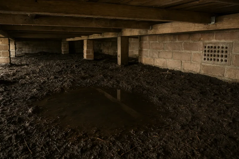 Dark wet soil under a raised timber floor with a still pool of water in a low spot and a brick wall vent at the right — subfloor ventilation for a high water table or flood-prone home, the Central Coast. Illustrative example.